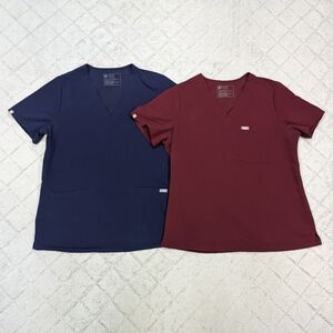 Figs Shirts Women's L Blue Navy Burgundy Slim Catarina Casma 3-Pocket Tops